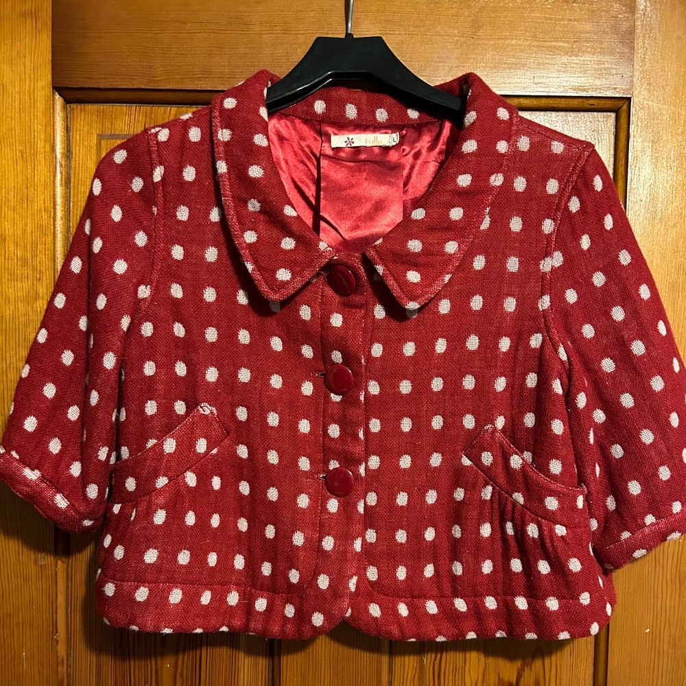 Tulle Anthropologie Red White Polka Dot Mini Blazer